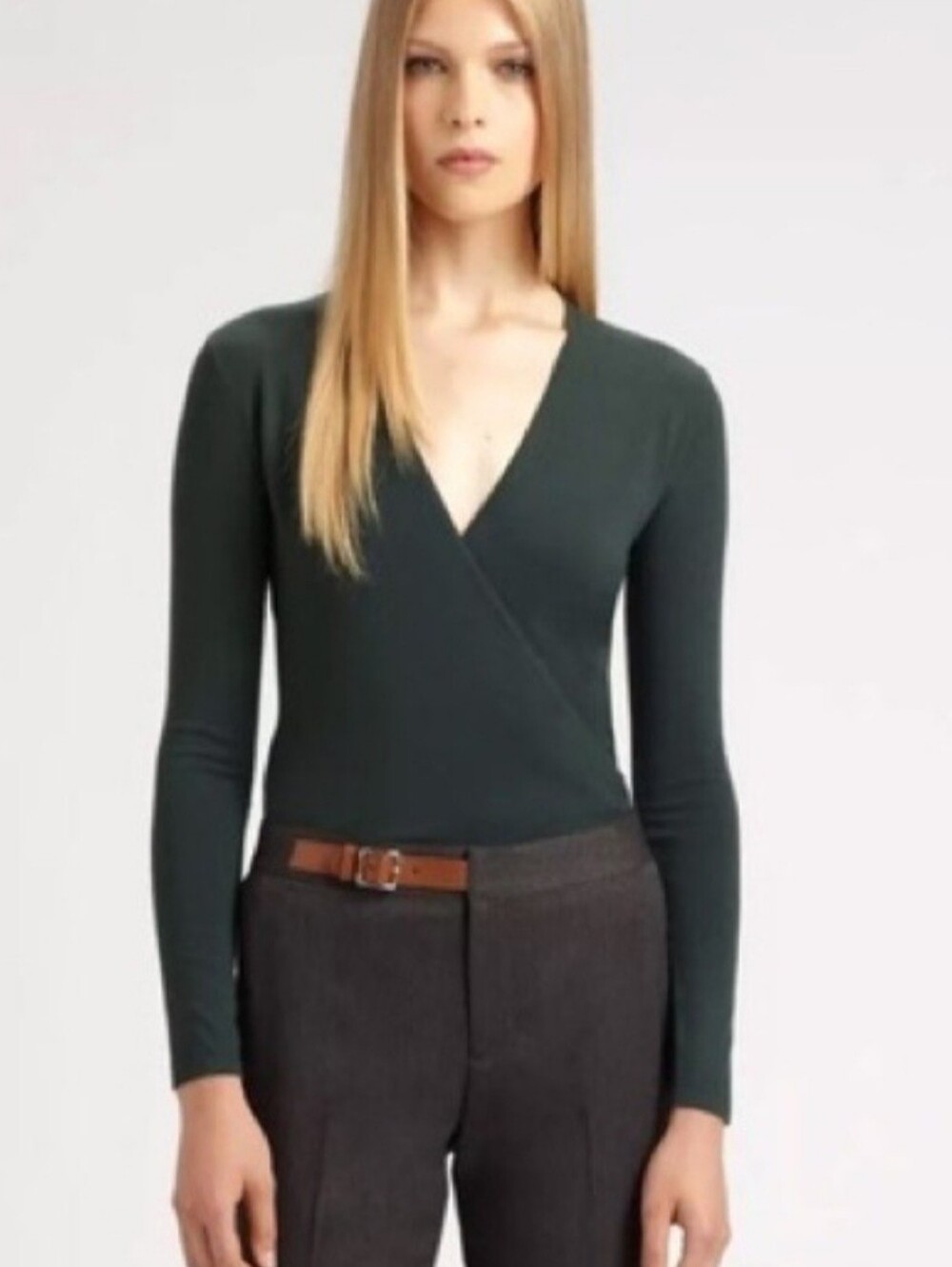 V-Neck Wrap-Style Long Sleeve Sweater in Dark Green